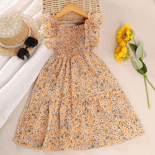 Girls' Spring and Summer New Arrival Korean Style Children's Dress with Bubble Sleeve Chiffon Floral Princess Dress European and American Foreign Trade Children's Clothing