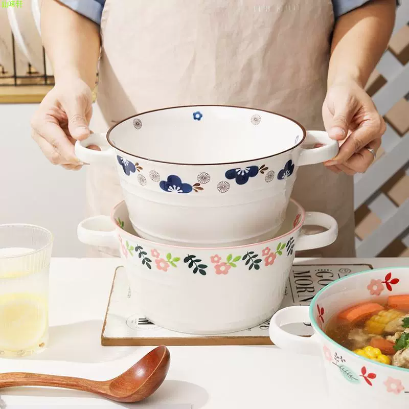 Большая миска для супа с двойными ушами, новая керамическая посуда 2024 года, большая 10-дюймовая миска для лапши быстрого приготовления, ракушка из рисовой лапши