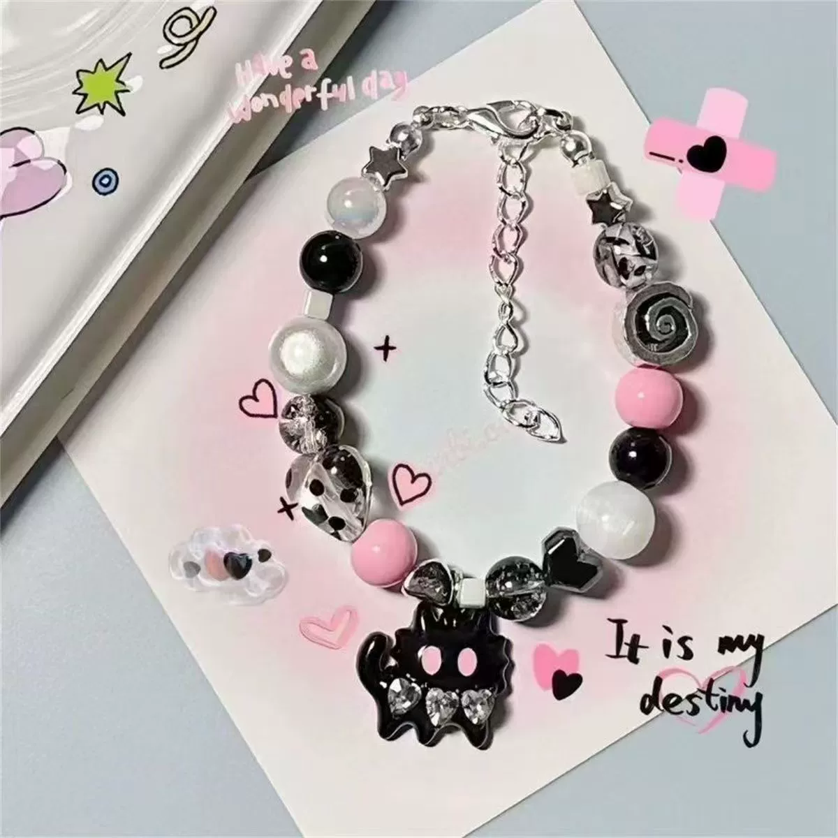 Beaded Cat Charm Bracelet, Cute Elastic Strap, Multicolor Beads, Adjustable Chain (1 pc)