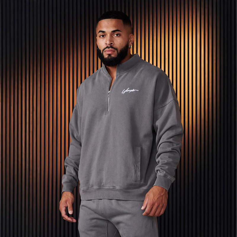 YOUNGLA New Men's Oversized Vertical Collar Zipper Pullover Loose Sweatshirt Gym Running Training Clothes Sportswear