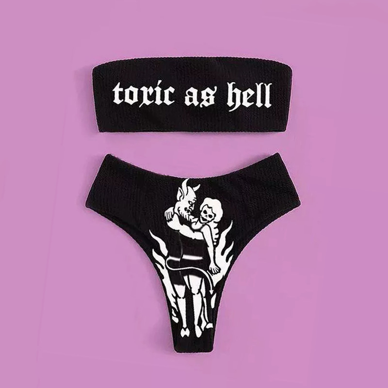 New Funny Dark Punk Style European and American Foreign Trade Bikini Offset Sexy Strapless Swimsuit Women