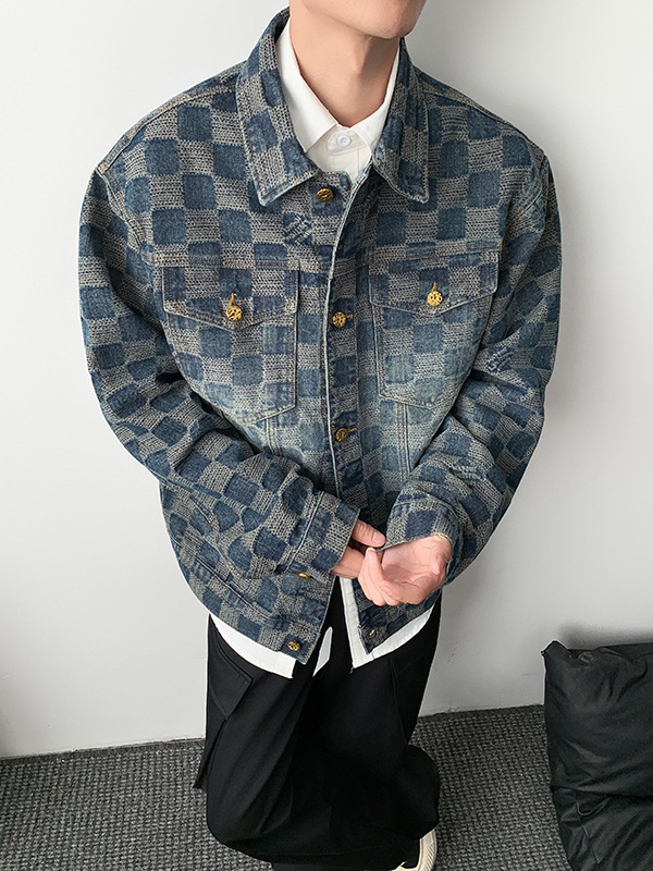 新款男装休闲夹克春秋季外贸潮流棋盘格轻奢男女同款宽松牛仔外套|undefined