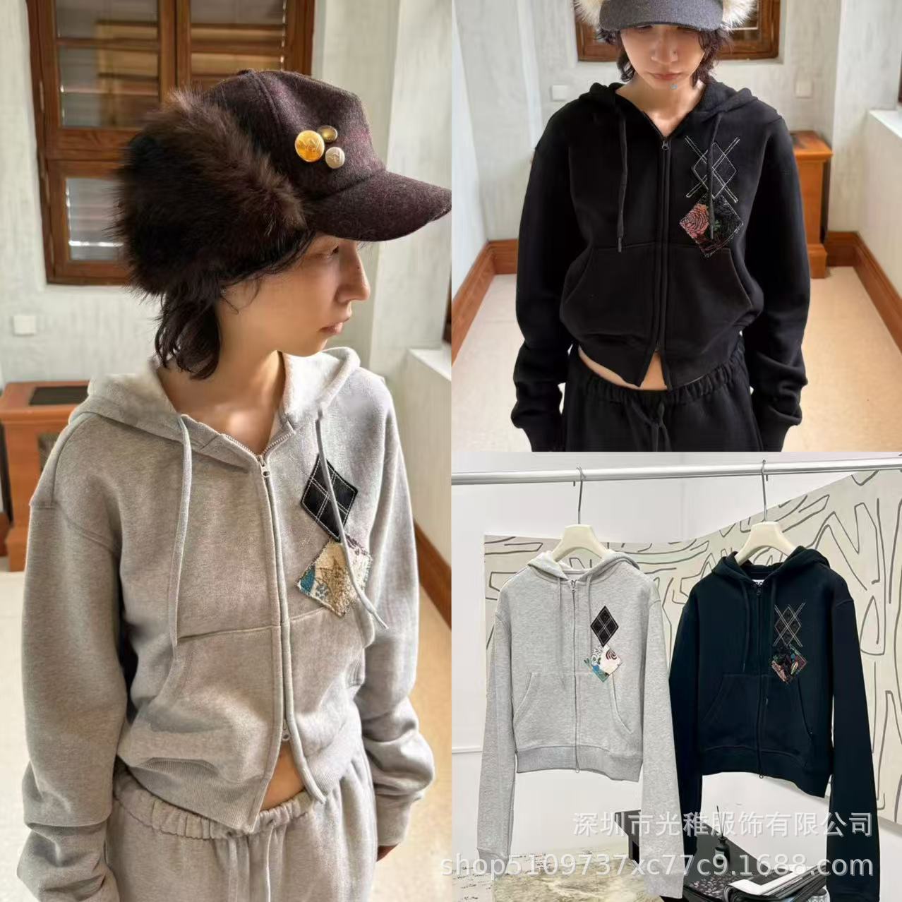 25 Autumn and Winter New Cardigan Short Patch Embroidered Hooded Sweatshirt for Women