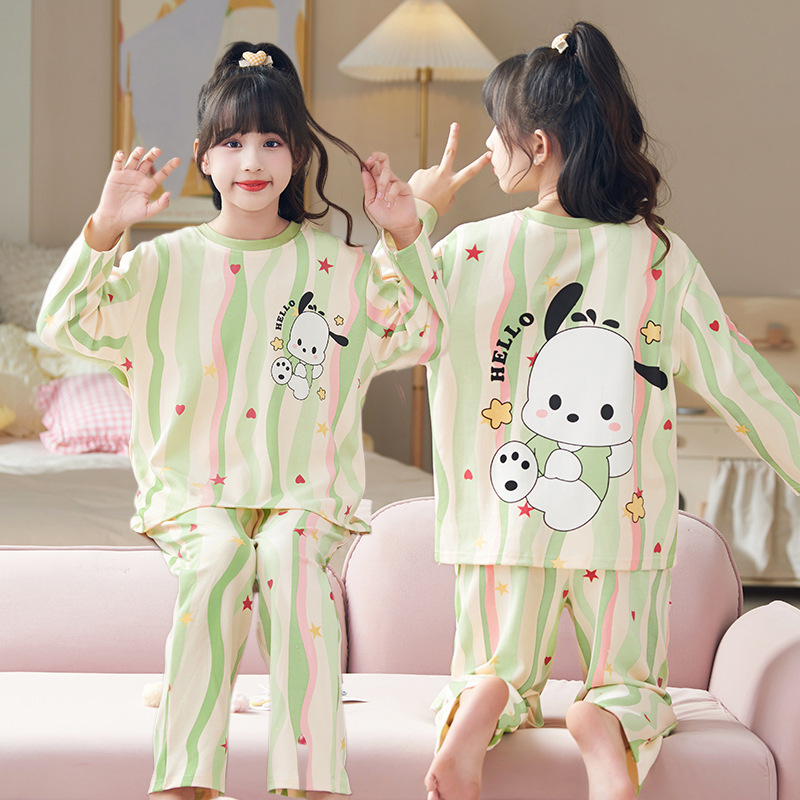女の子のパジャマの長袖の純綿の薄いタイプの秋の服の中で大きい子供のパチャの犬の子供の王女の赤ちゃんの家庭服のスーツ|undefined
