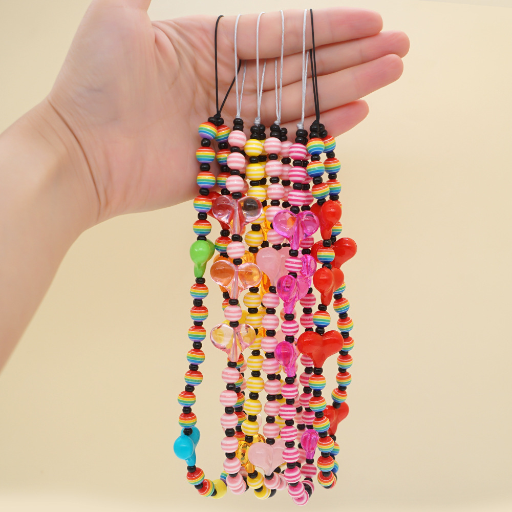 Acrylic Color Peach Heart Bohemian Striped Beads Mobile Phone Chain Wholesale Nihaojewelry display picture 4