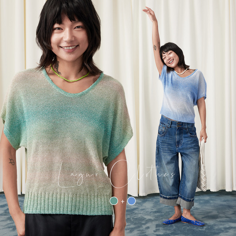 Japanese Washi Paper (Mountain and Lake) Coarse-Knit Cool Breathable Gradient Short-Sleeve Loose Knit T-Shirt Summer Top for Women Japanese Washi Paper (Mountain and Lake) Coarse-Knit Cool Breathable Gradient Short-Sleeve Loose Knit T-Shirt Summer Top for Women