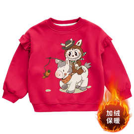 女童新年本命年红色衣服卫衣圆领加绒儿童保暖新款上衣拜年服班服