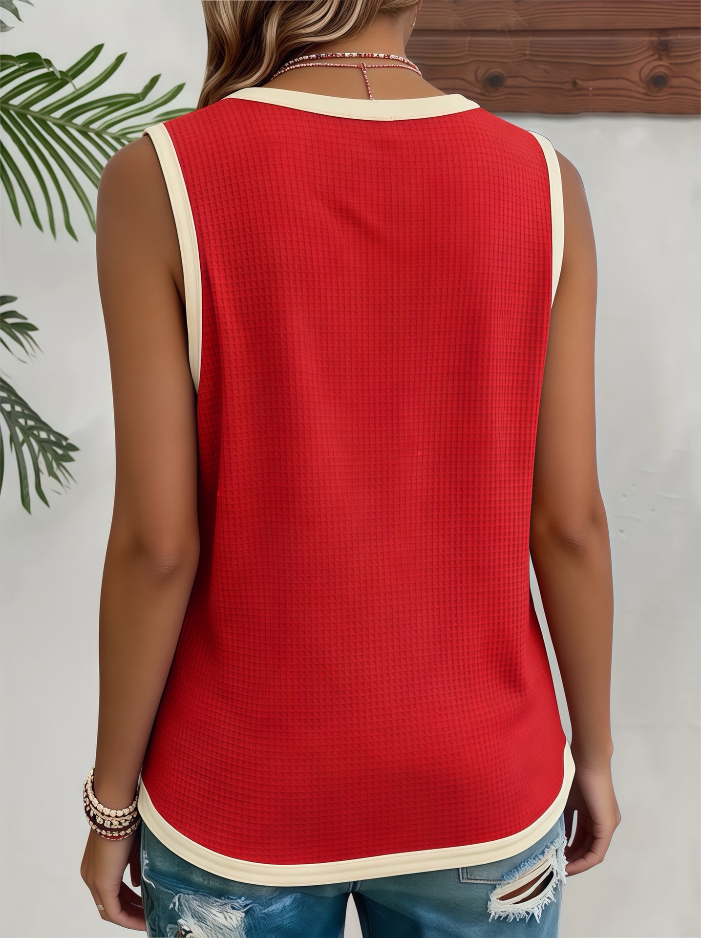 2026 Summer New European And American Fashion Casual Solid Color Waffle Splicing Women's Tank Top_ecoleips.com