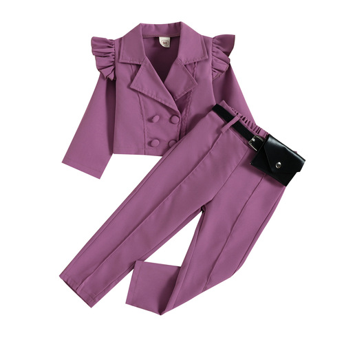Baoxin Children's Clothing Factory Cross-border Autumn New Girls' Korean Style Casual Suit Collar Tops Trousers with Waist Bag Set