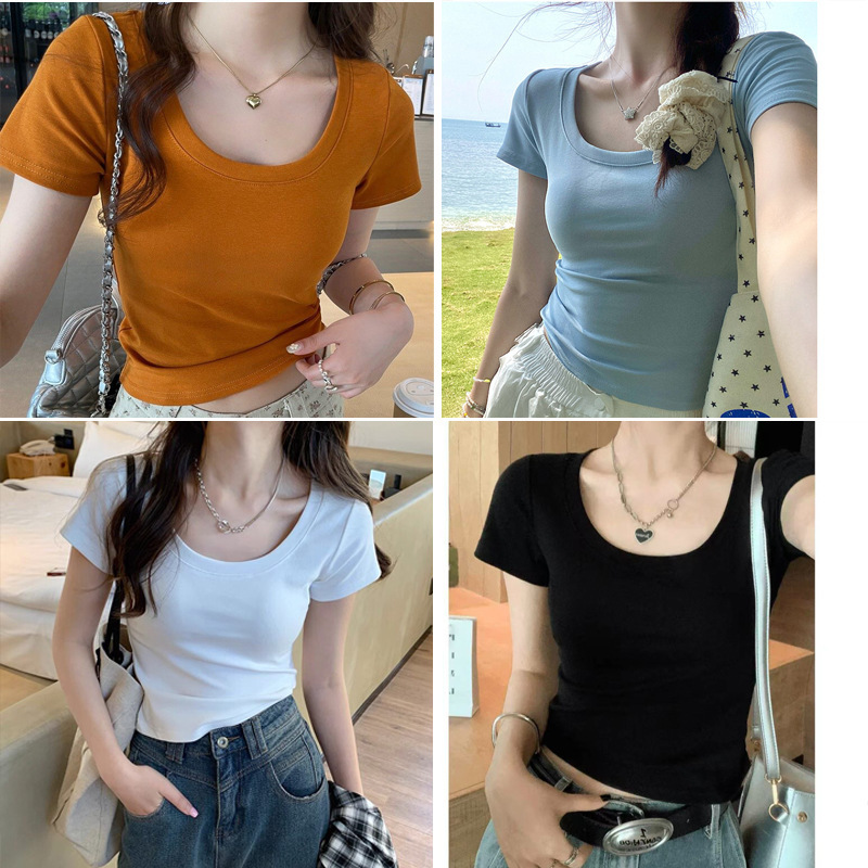 Pure Cotton U-Neck Short-Sleeve T-Shirt for Women, Summer Sweet and Spicy Dopamine Style, Slim Fit Low Round Neck, Clavicle-Exposing Short Top Pure Cotton U-Neck Short-Sleeve T-Shirt for Women, Summer Sweet and Spicy Dopamine Style, Slim Fit Low Round Neck, Clavicle-Exposing Short Top