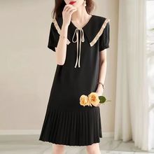 法式赫本风连衣裙夏新款减龄娃娃领a字百褶显蝴蝶结小黑裙