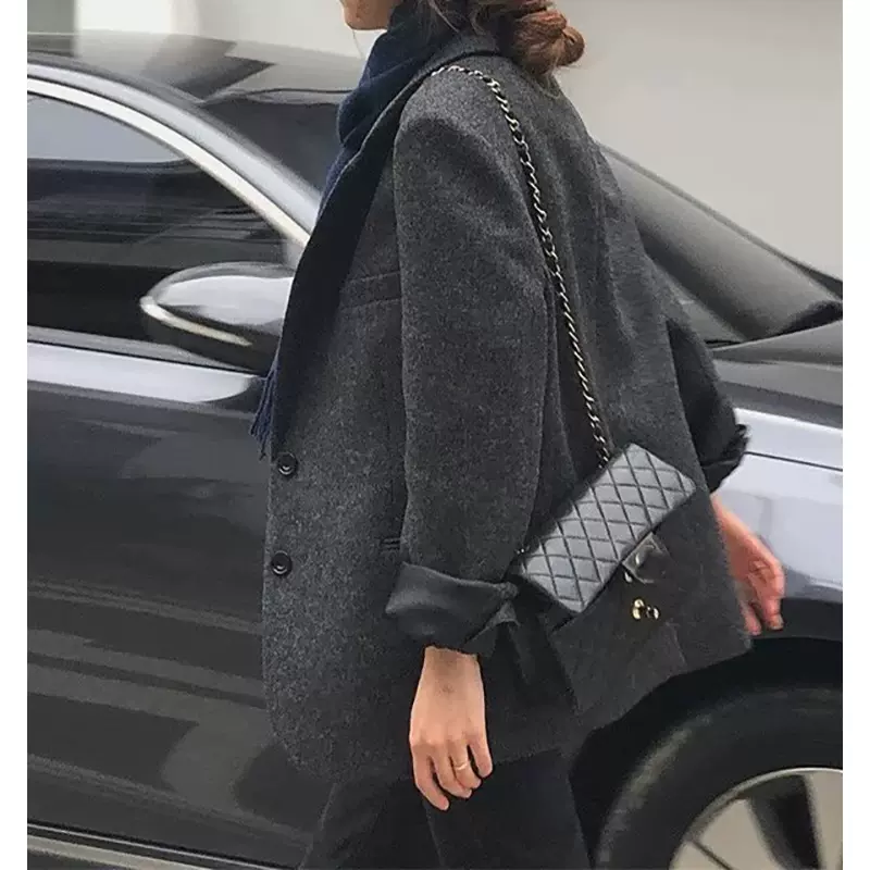 现货厂家直批 加厚羊毛呢小西装外套女休闲宽松灰色西服上衣