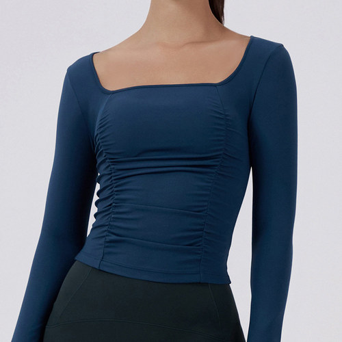 新款秋冬瑜伽服女紧身修身褶皱长袖健身上衣跑步透气运动健身服