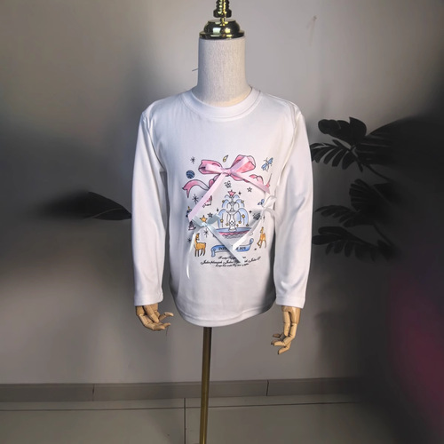 2025 Girls' T-Shirt Base Shirt with Bow Sprinkler Fountain Print White Girls' T-Shirt Spring and Autumn Cartoon Top