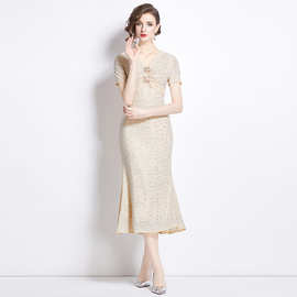 8733实拍夏季新款女装气质V领烫钻收腰显瘦礼服包臀鱼尾连衣裙