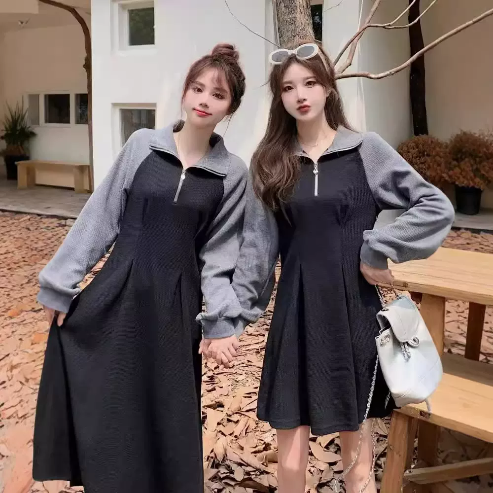 中长款休闲卫衣裙子女早秋季法式大码胖mm气质收腰显瘦polo连衣裙