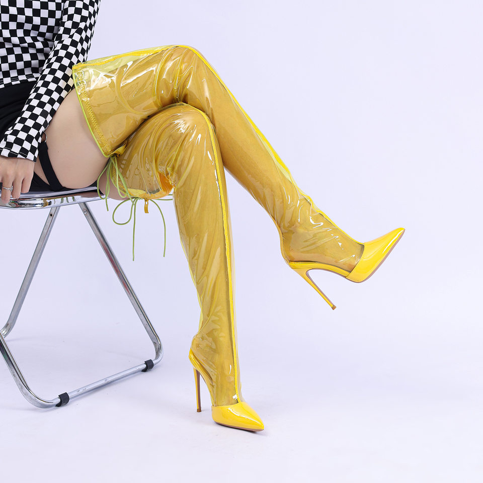 Bốt nữ qua gối cao cổ khóa kéo sau, gót nhọn siêu cao, mũi nhọn, phong cách gợi cảm — Hồng cánh sen, Màu cam, Màu trắng, Màu tím chi tiết 14