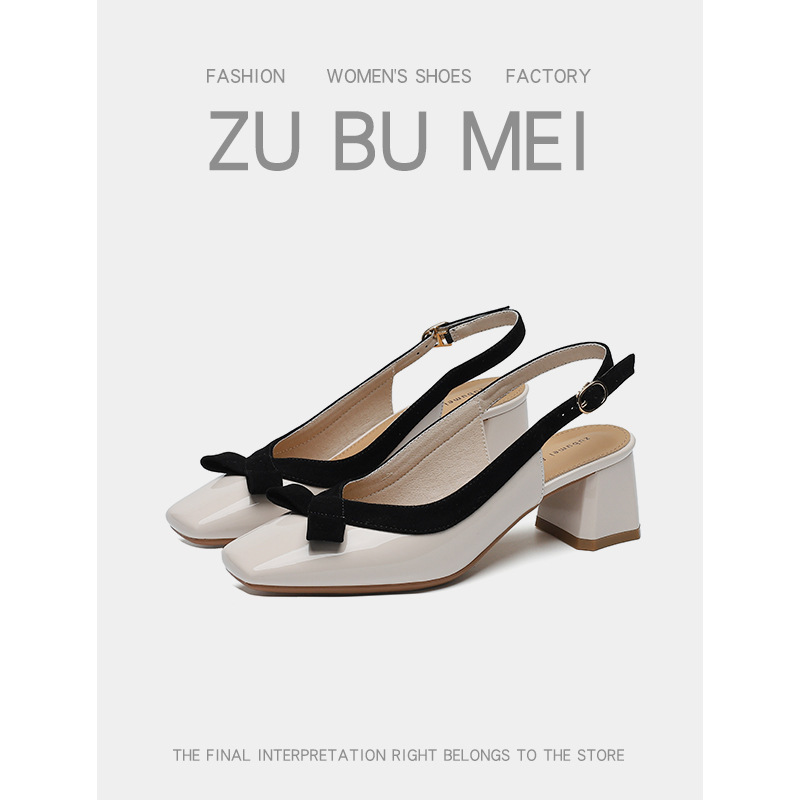 5299-2 Temperament Sexy Solid Color Square Toe Thick Heel High Heels Women's Bow Toe Back Hollow High Heel Sandals Women