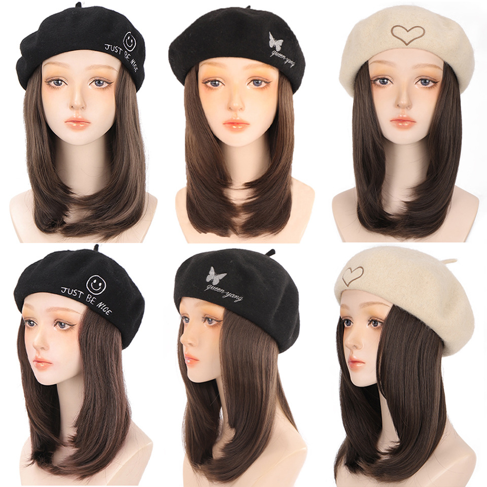 Perücke Herbst und Winter Samt Baskenmütze Hut Perücke kurze glatte Haare leicht lockige Hut Perücke alles in einem_voghion.com
