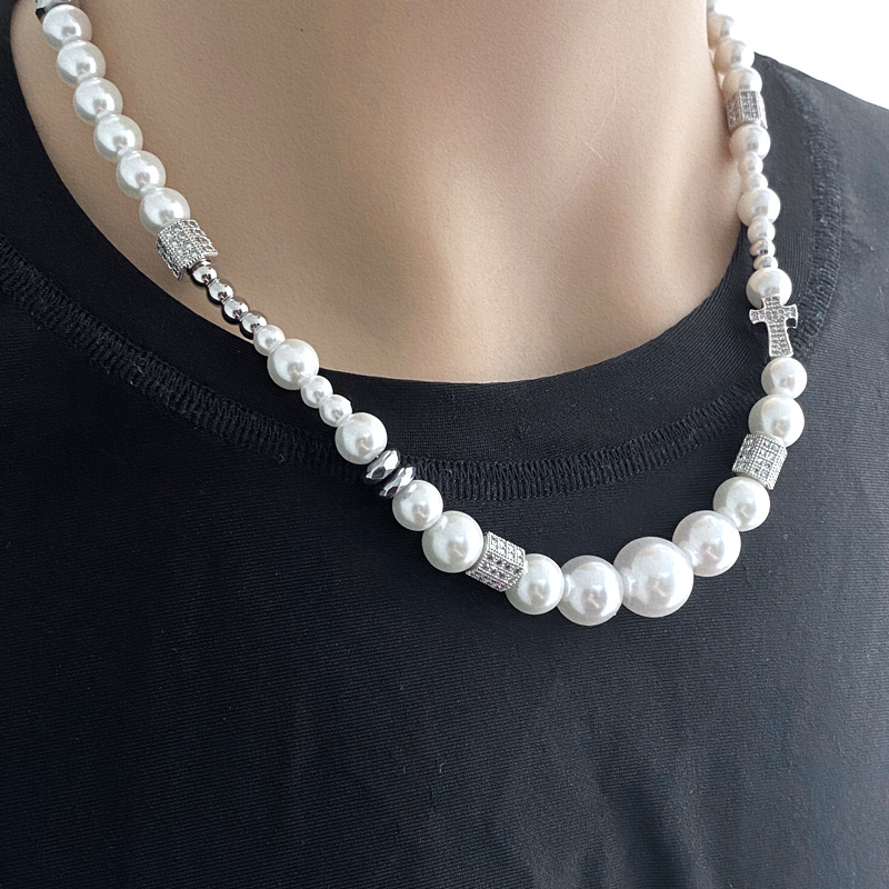 Neue Perle Intarsien Diamant Schlüsselbein Halskette Für Männer Trendy Ins Hip-Hop Kreuz Licht Luxus Frauen Sommer Nische Choker_voghion.com