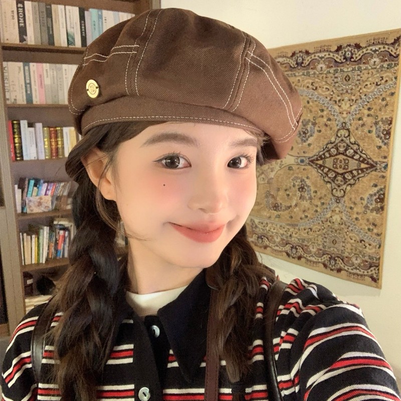 『版型升级』牛仔贝雷帽子女秋款复古休闲显脸小大头围八角画家帽|undefined