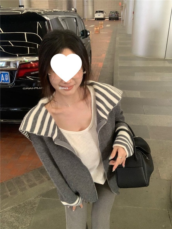 撞色条纹海军领长袖毛衣外套女冬季复古慵懒针织开衫宽松拉链上衣|undefined