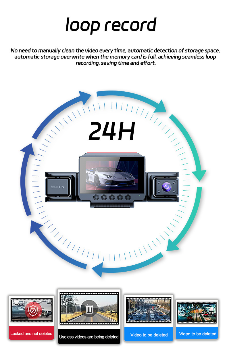 3.0inch Wifi Camera with 4 Lenses, 4 Simultaneous Recording and Display, 1080P Wifi Hidden High-Definition Dash Cam