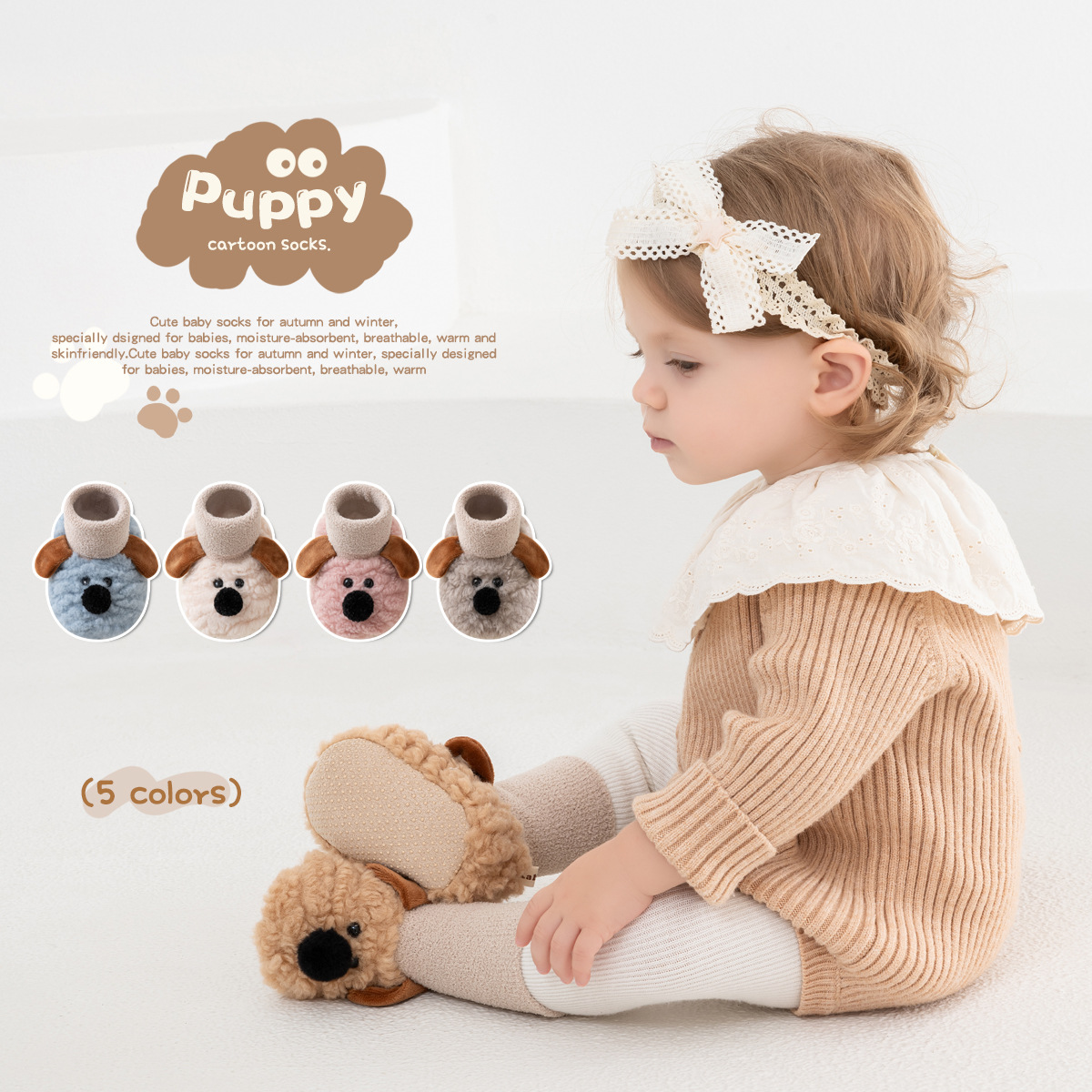 Thickened Cashmere Baby Non-Slip Toddler Shoes for Infants and Young Children, Soft-Soled Shoes and Socks for Boys and Girls, Cute Puppy Cotton Shoes