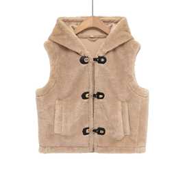 欧美女装秋冬时尚绳结扣饰抓绒背心马夹短款毛毛连帽马甲 6318281