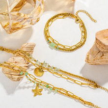 欧美复古天然石海星贝壳手链ins风圆形吊坠手饰 高级感不锈钢饰品