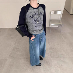 秋季新款插肩袖圆领长袖字母撞色T恤女韩系宽松设计感上衣潮款T恤