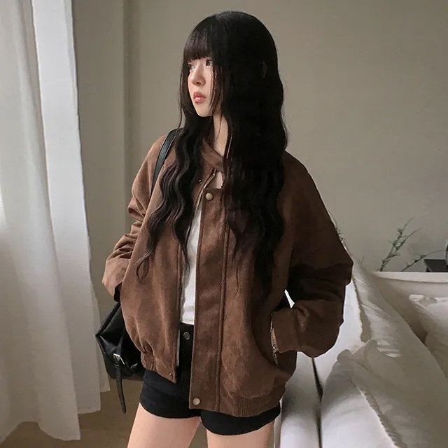Korean Ins2025 Spring and Autumn Versatile Retro Stand-Up Collar Suede Zipper Biker Jacket Coat Women's Korean Style Top