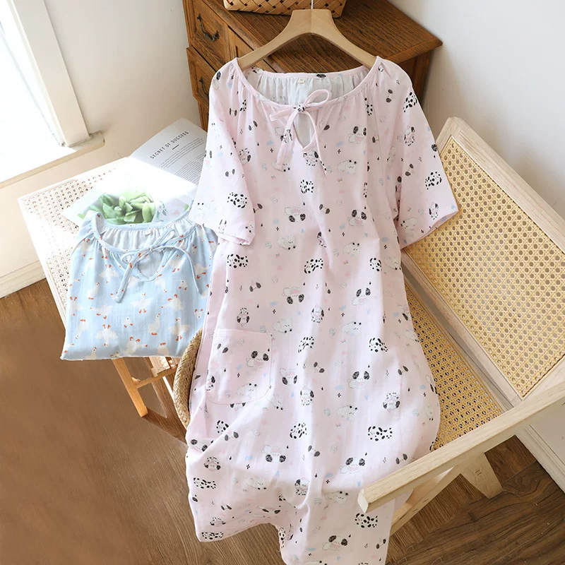 Cotton summer thin pijama, long skirt for elementary school students, dress, with short sleeve, loose fit