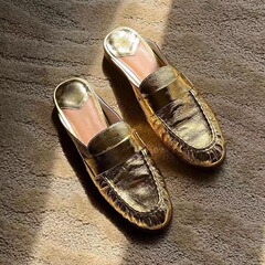 羊皮版~真皮金色小眾包頭半拖鞋女平底外穿復古樂福鞋穆勒涼拖鞋