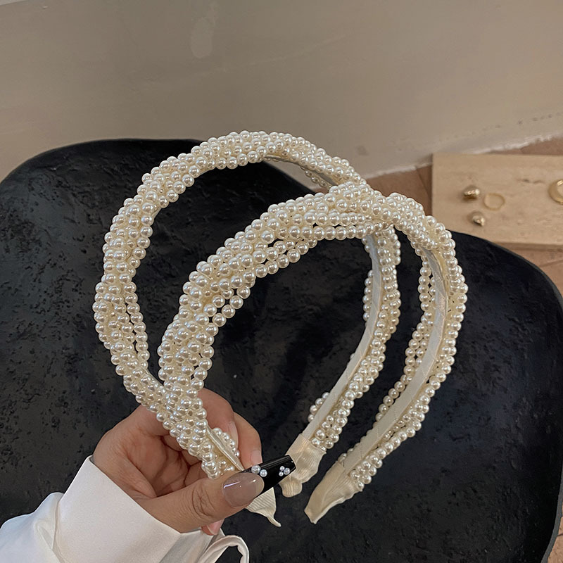 Estilo coreano simple perla onda diadema Twist trenza delgada borde diadema tejida alta cráneo superior horquilla cara lavado tocado para las mujeres