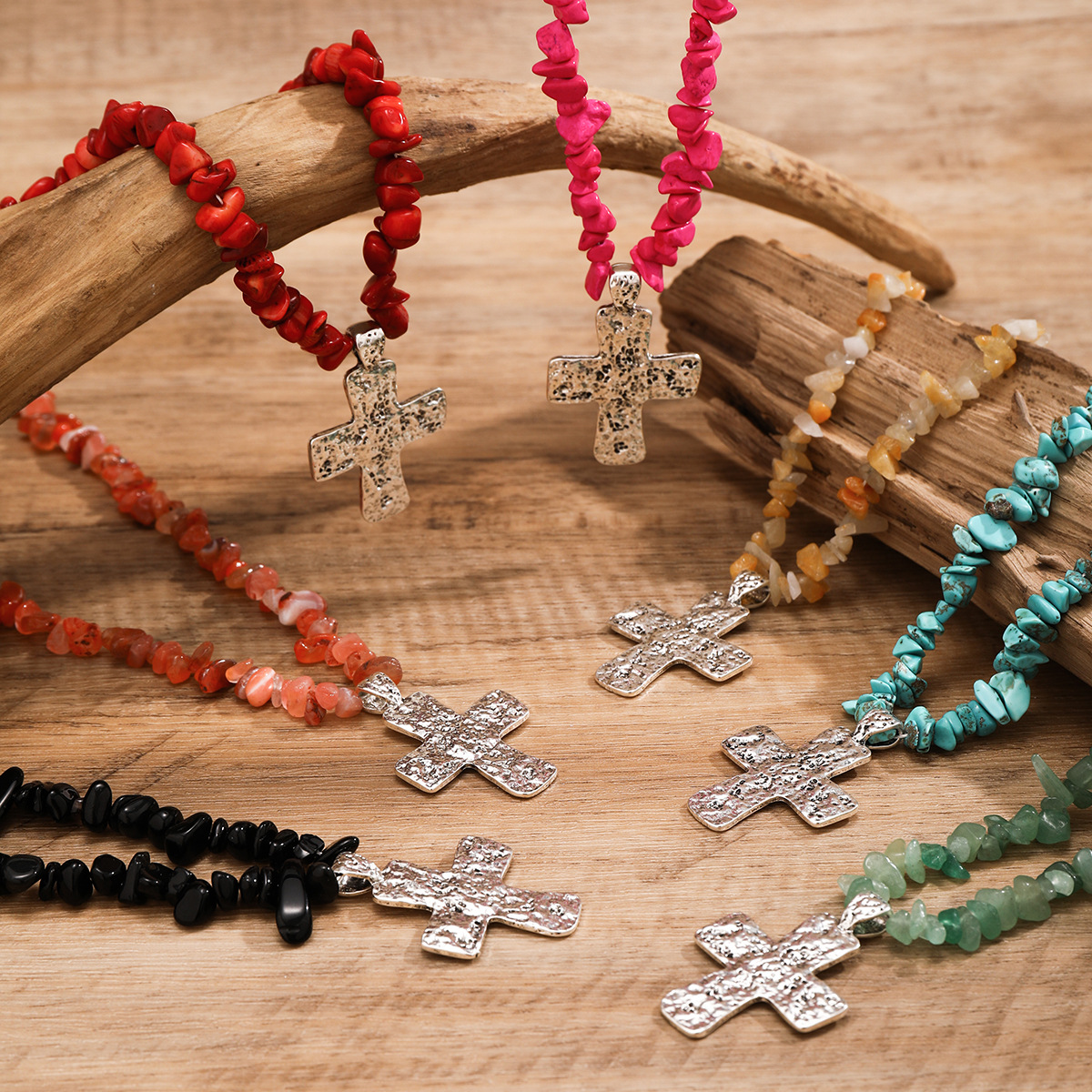 Jewelry Turquoise Beaded Stone Women's Versatile Cross Necklace_voghion.com