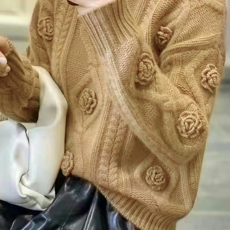 [Kasjmir Arisocraic Family] Fried Dough Twiss-genser med rund hals og blomsterprint, damegenser med løs bomullskrage_voghion.com