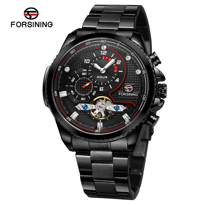 Forsining Fusini 8229 reloj mecánico automático de volante casual para hombre correa de acero reloj transparente