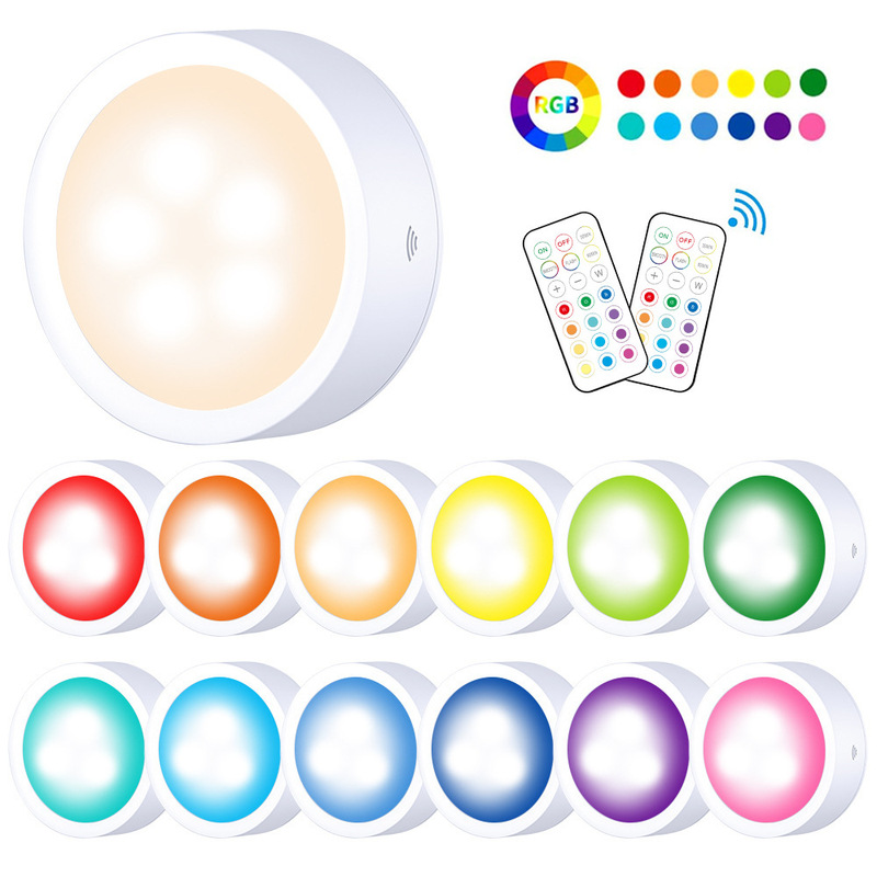 Rgb Wireless Remote Control Cabinet Light Led Puck Light Battery Powered Kitchen Closet Light Spotlight Night Light Magnetic