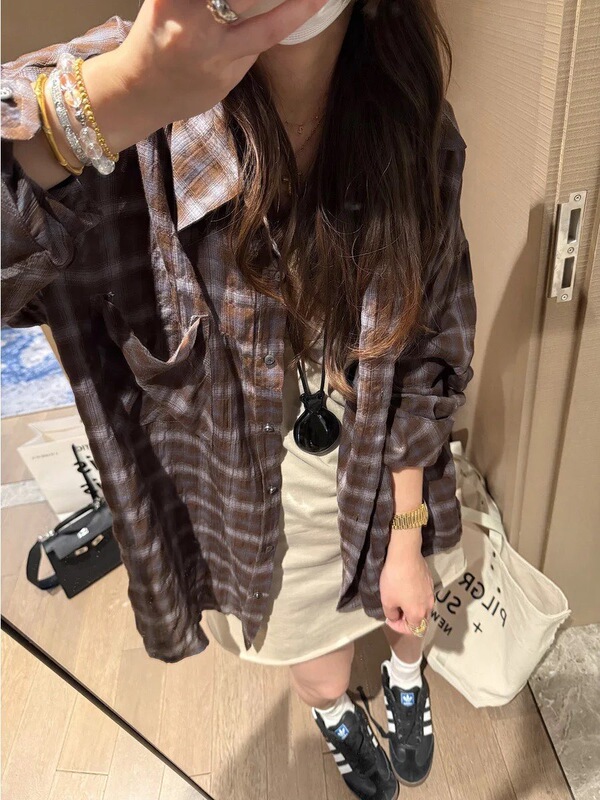 Navy Blue Plaid Loose Long-Sleeved Shirt for Women, Summer Mid-Length Style, Lazy and Relaxed Feel, Versatile Sun Protection Cardigan Top