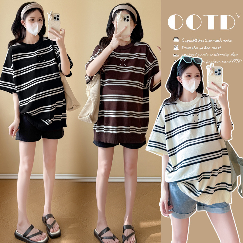 2026 New Summer Style Loose Short-Sleeved T-Shirt for Pregnant Women, Versatile Bottoming Shirt, Slimming Summer Clothes, Stripesd Top for Women