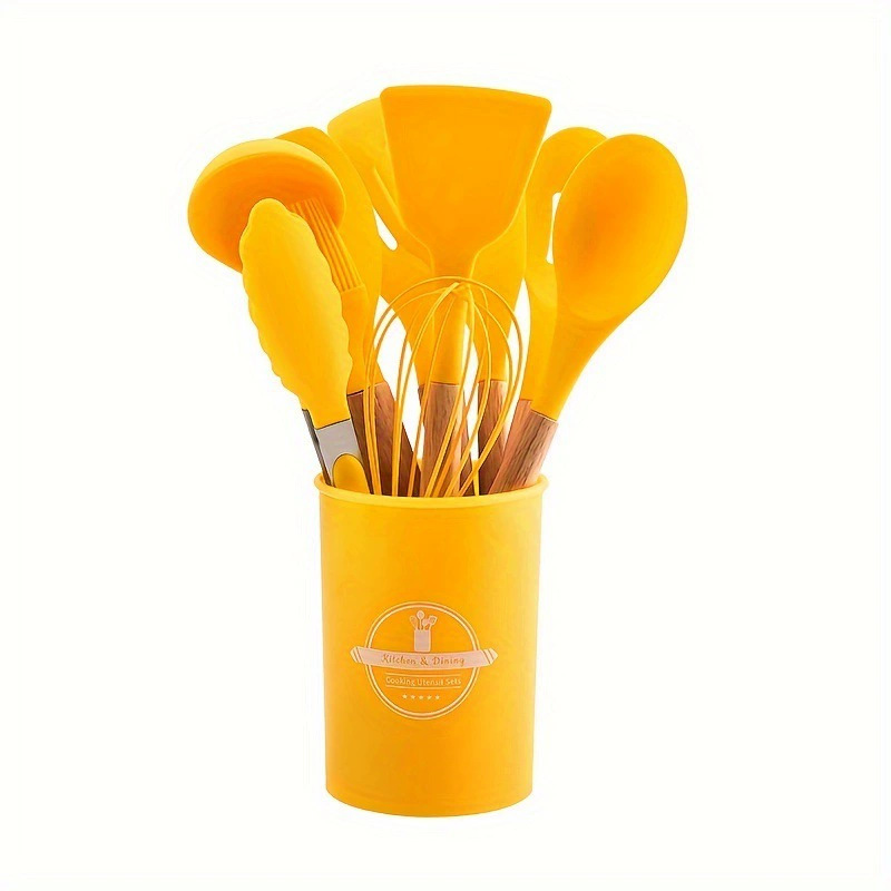 Cocina antiadherente olla barril de almacenamiento mango de madera utensilios de cocina de silicona 12 piezas de utensilios de cocina de silicona 11 piezas traje