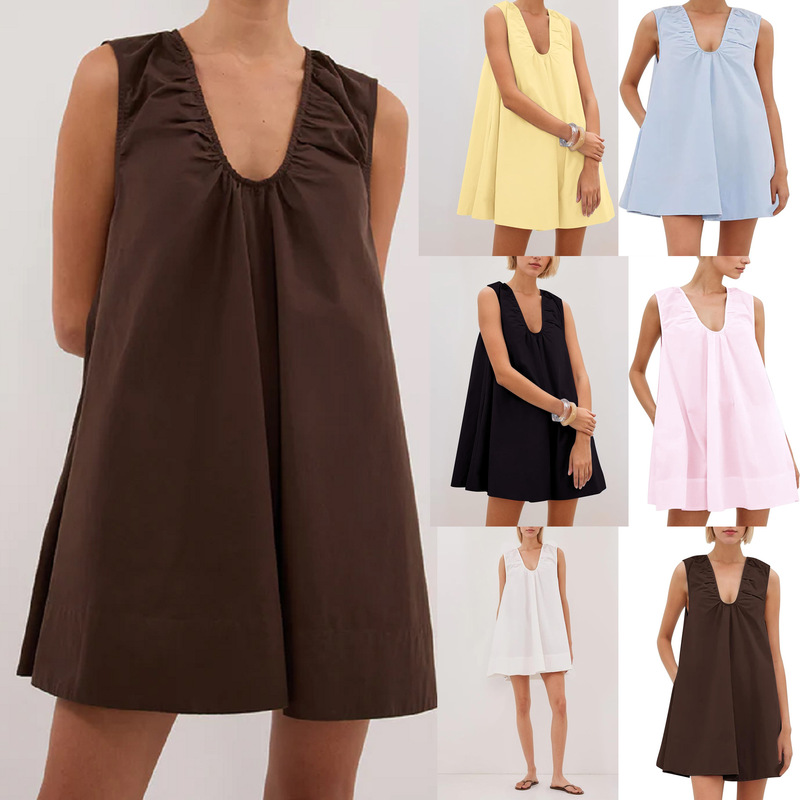 2025 Summer European and American Niche Style Fashionable Work Clothing Pleated V Neck Loose A-Line Skirt Sleeveless Dress Pure Color Mid-Skirt 2025 Summer European and American Niche Style Fashionable Work Clothing Pleated V Neck Loose A-Line Skirt Sleeveless Dress Pure Color Mid-Skirt