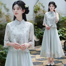 新款2026夏季新款新中式国风改良旗袍刺绣印花上衣女茶服工作套装