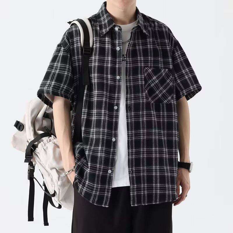 2024 Summer Fashion Black and White Plaid Short-sleeved Shirt Men's American Style Fashionable Brand Loose Jacket Casual All-match Shirt Clothing