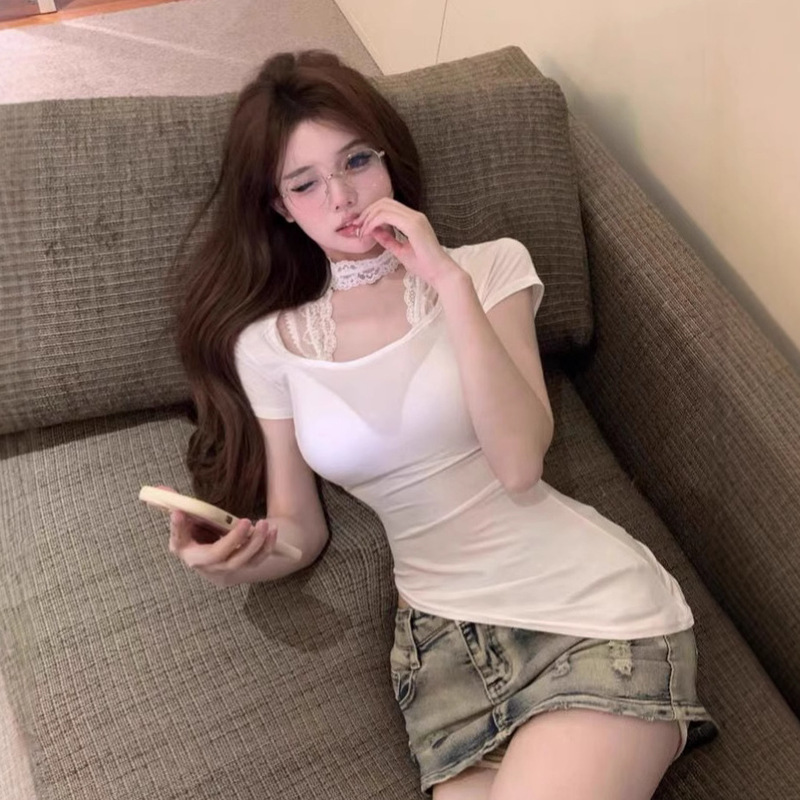 Fake Two-Piece Halterneck Lace Short-Sleeved T-Shirt Women's Summer Slim Sexy Pure Desire Asymmetrical Niche White Top Fake Two-Piece Halterneck Lace Short-Sleeved T-Shirt Women's Summer Slim Sexy Pure Desire Asymmetrical Niche White Top