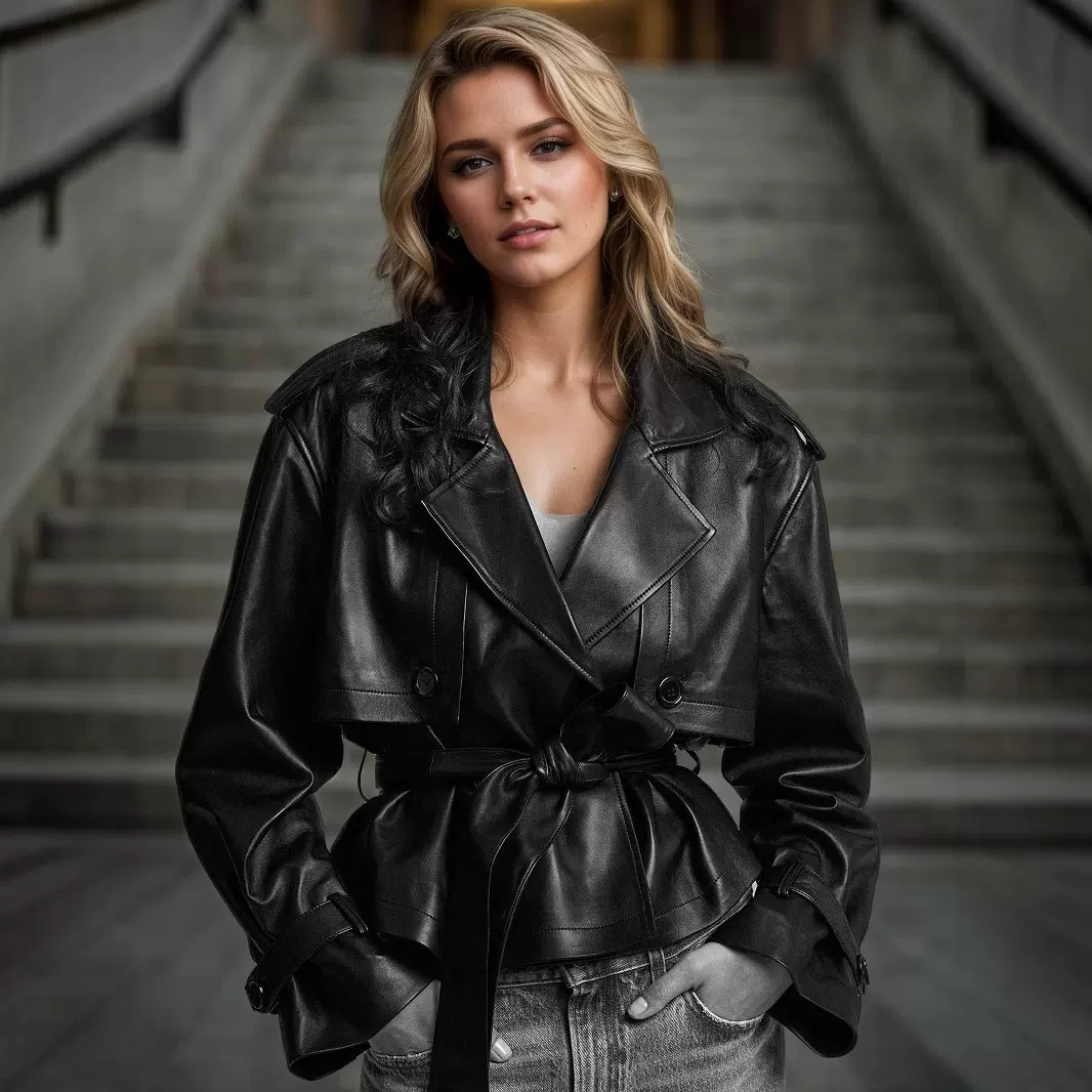 欧美跨境女式皮衣腰带收腰修身街头酷感时尚新款短外套皮衣