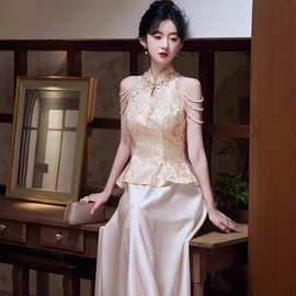 新中式晨袍改良旗袍轻奢小众香槟色敬酒服新娘订婚结婚晨拍礼服裙