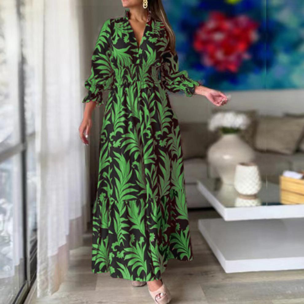 Loose Version Plant Pattern Summer, Spring Season Wholesale Women'S Elegant Printing Plant Holiday Daily V Neck Long Sleeve Regular Dress