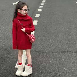 女童高领毛衣冬季新款儿童喜庆过年衣服小女孩加厚内搭针织衫线衣